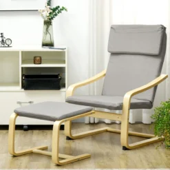 Relaxsessel mit Hocker, Armlehnen, Leinenoptik, Holzgestell, Hellgrau