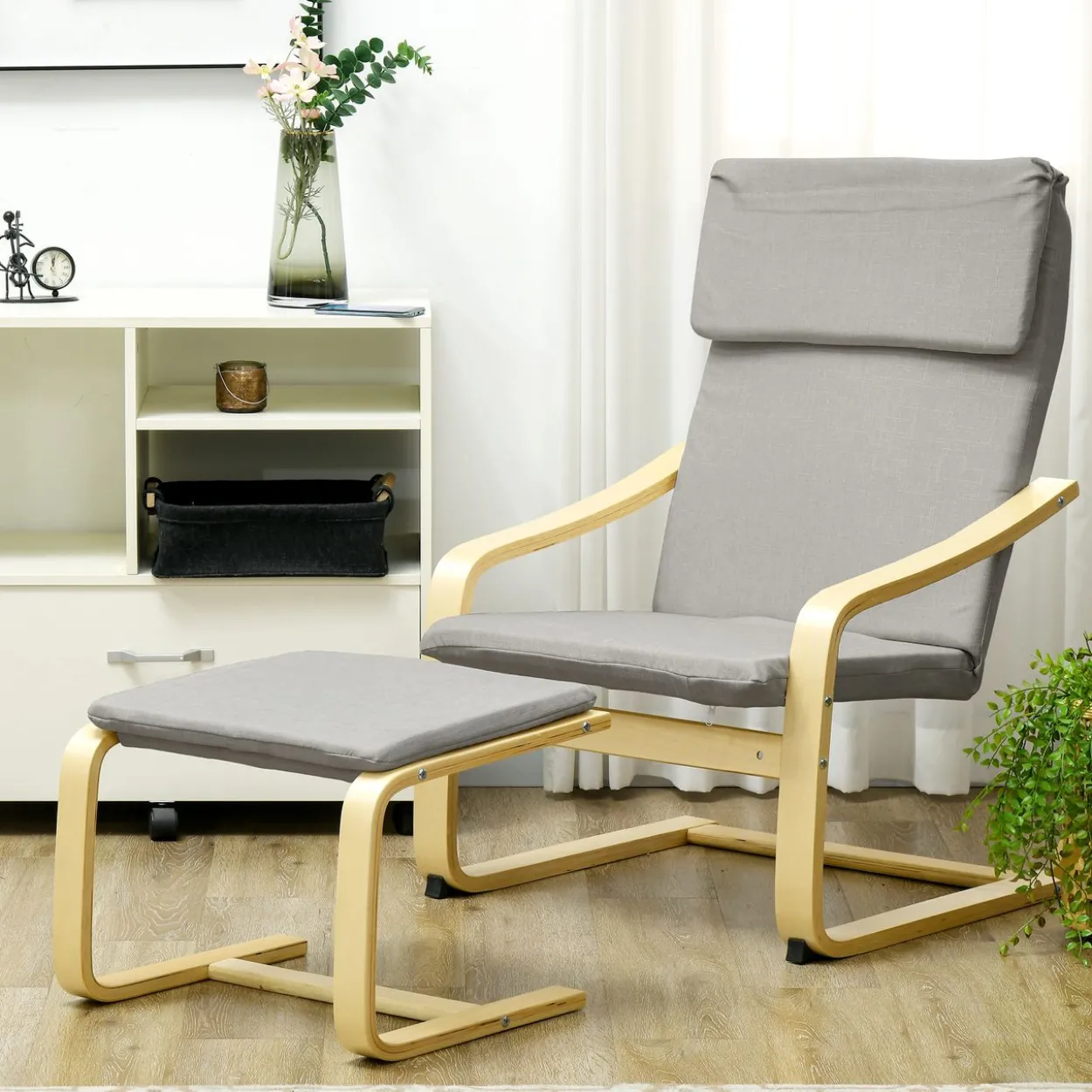 Relaxsessel mit Hocker, Armlehnen, Leinenoptik, Holzgestell, Hellgrau