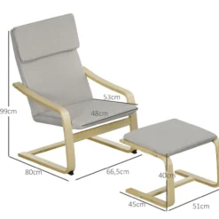 Relaxsessel mit Hocker, Armlehnen, Leinenoptik, Holzgestell, Hellgrau