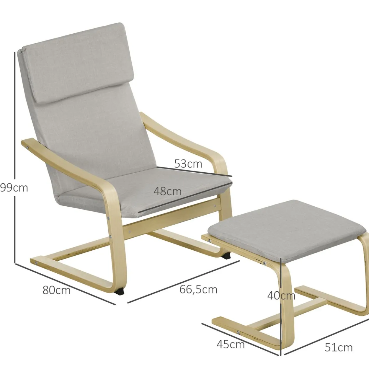 Relaxsessel mit Hocker, Armlehnen, Leinenoptik, Holzgestell, Hellgrau