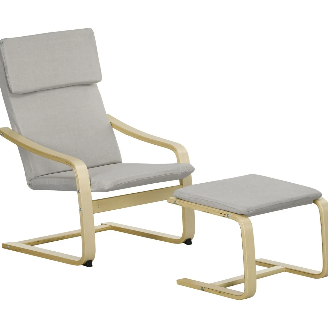 Relaxsessel mit Hocker, Armlehnen, Leinenoptik, Holzgestell, Hellgrau