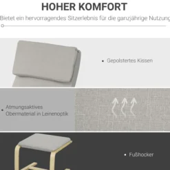 Relaxsessel mit Hocker, Armlehnen, Leinenoptik, Holzgestell, Hellgrau