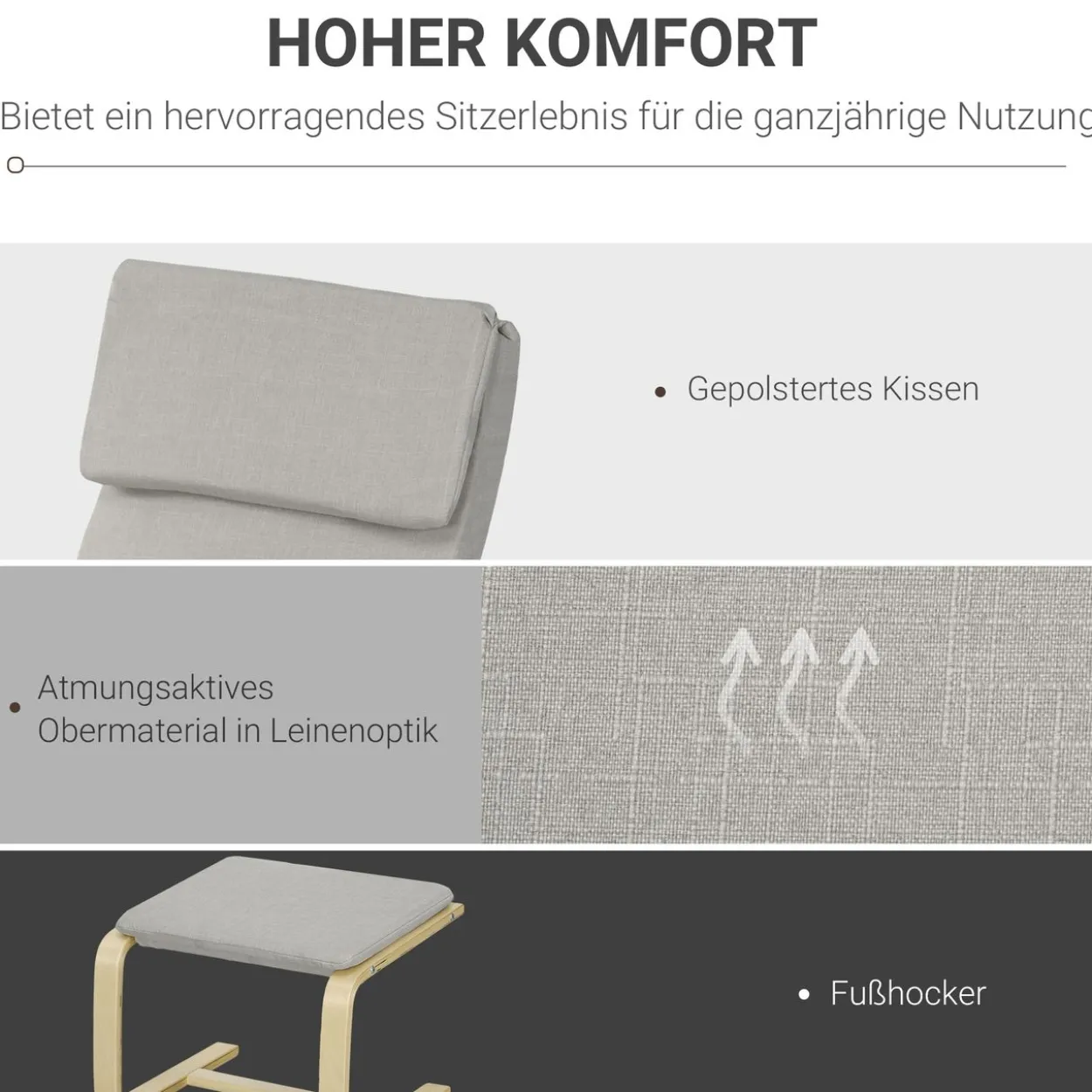 Relaxsessel mit Hocker, Armlehnen, Leinenoptik, Holzgestell, Hellgrau