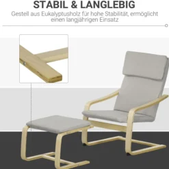 Relaxsessel mit Hocker, Armlehnen, Leinenoptik, Holzgestell, Hellgrau