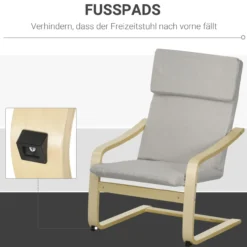 Relaxsessel mit Hocker, Armlehnen, Leinenoptik, Holzgestell, Hellgrau