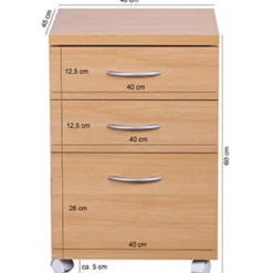 Rollcontainer Buche 40 x 60 cm mit 3 Schubladen und Rollen