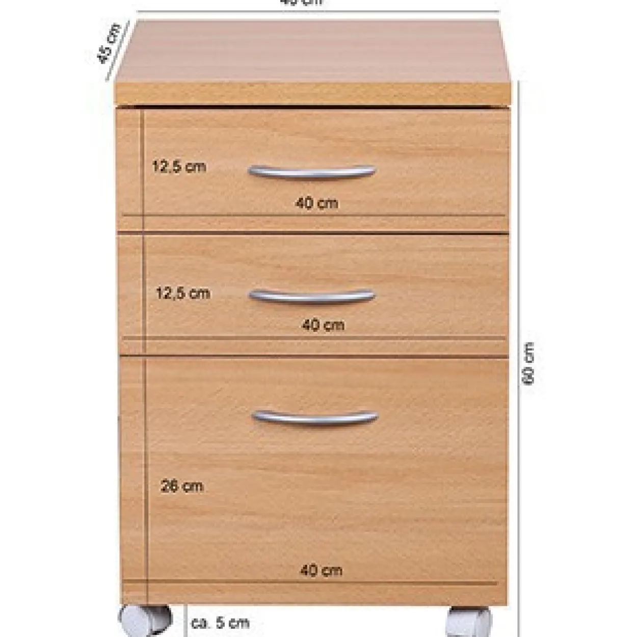 Rollcontainer Buche 40 x 60 cm mit 3 Schubladen und Rollen