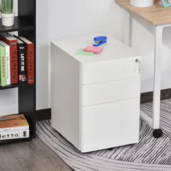 Rollcontainer mit 3 Schubladen, Büroschrank, Aufbewahrung, Stahl, Weiß, 39 x 48 x 59 cm