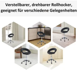 Rollhocker Arbeitshocker Drehhocker Bürostuhl verstellbar, PU+Metall, Schwarz, 50 x 54 x (66-78) cm