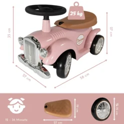 Rutschauto ab 1 Jahr, Kinderauto im Retrodesign pink, Kinderfahrzeug mit Hupe