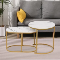 Satztisch Couchtisch Beistelltisch 2tlg. HWT52-WEI Marmor Weiß Dekor Gestell Gold
