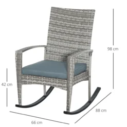 Schaukelstuhl Schwingsessel Gartenstuhl mit Kissen, Polyrattan+Metall, Grau, 66 x 88 x 98 cm