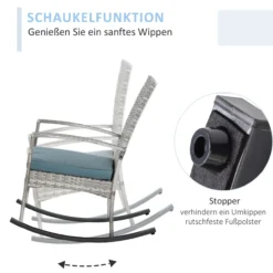 Schaukelstuhl Schwingsessel Gartenstuhl mit Kissen, Polyrattan+Metall, Grau, 66 x 88 x 98 cm
