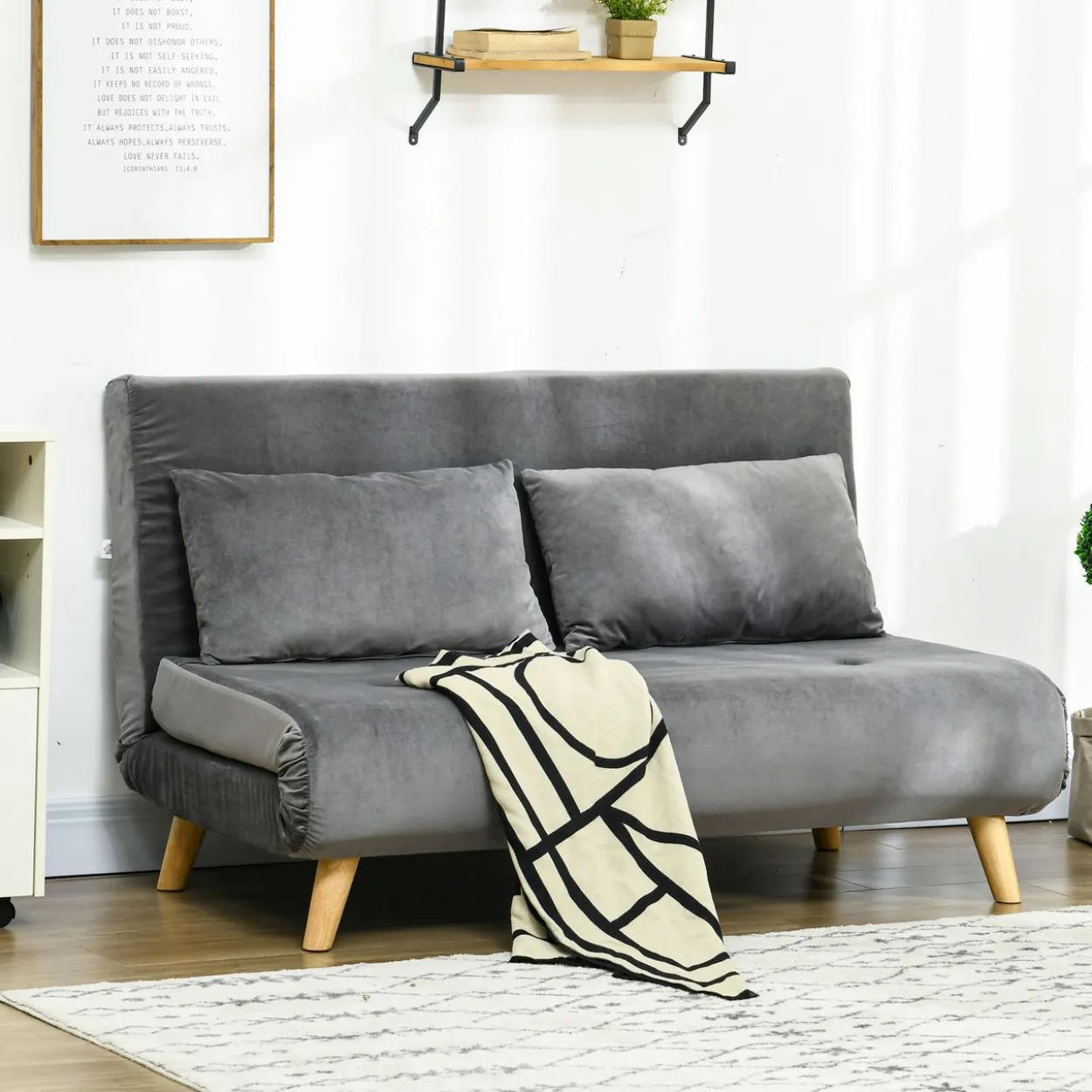 Schlafsofa 2-Sitzer Sofa mit Bettfunktion, Klappsofa mit Kissen, Grau