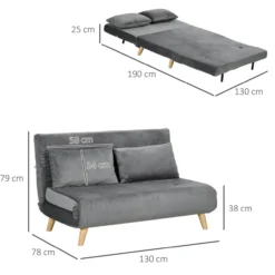 Schlafsofa 2-Sitzer Sofa mit Bettfunktion, Klappsofa mit Kissen, Grau