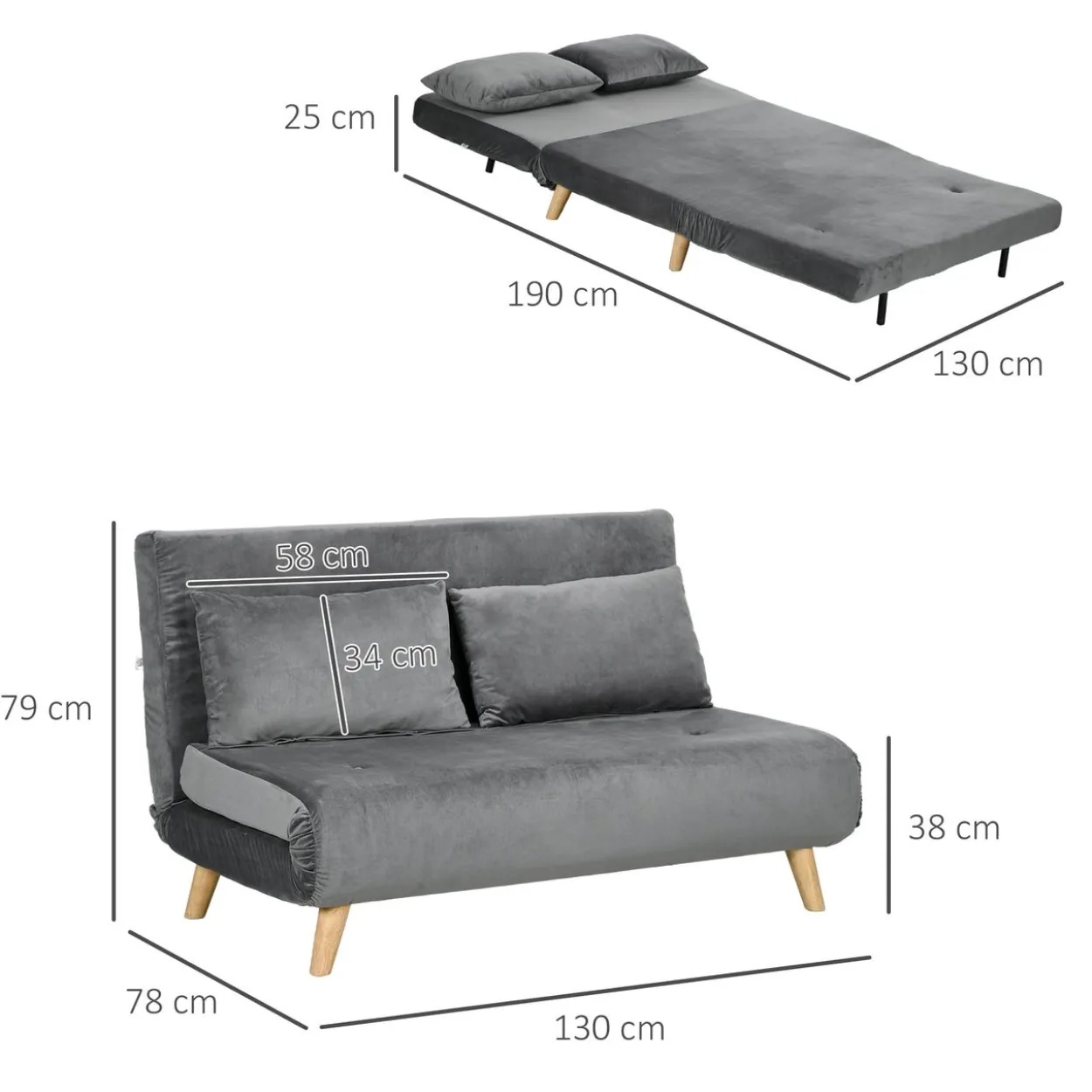 Schlafsofa 2-Sitzer Sofa mit Bettfunktion, Klappsofa mit Kissen, Grau