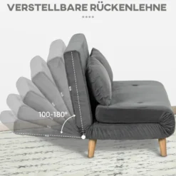 Schlafsofa 2-Sitzer Sofa mit Bettfunktion, Klappsofa mit Kissen, Grau