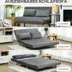 Schlafsofa 2-Sitzer Sofa mit Bettfunktion, Klappsofa mit Kissen, Grau