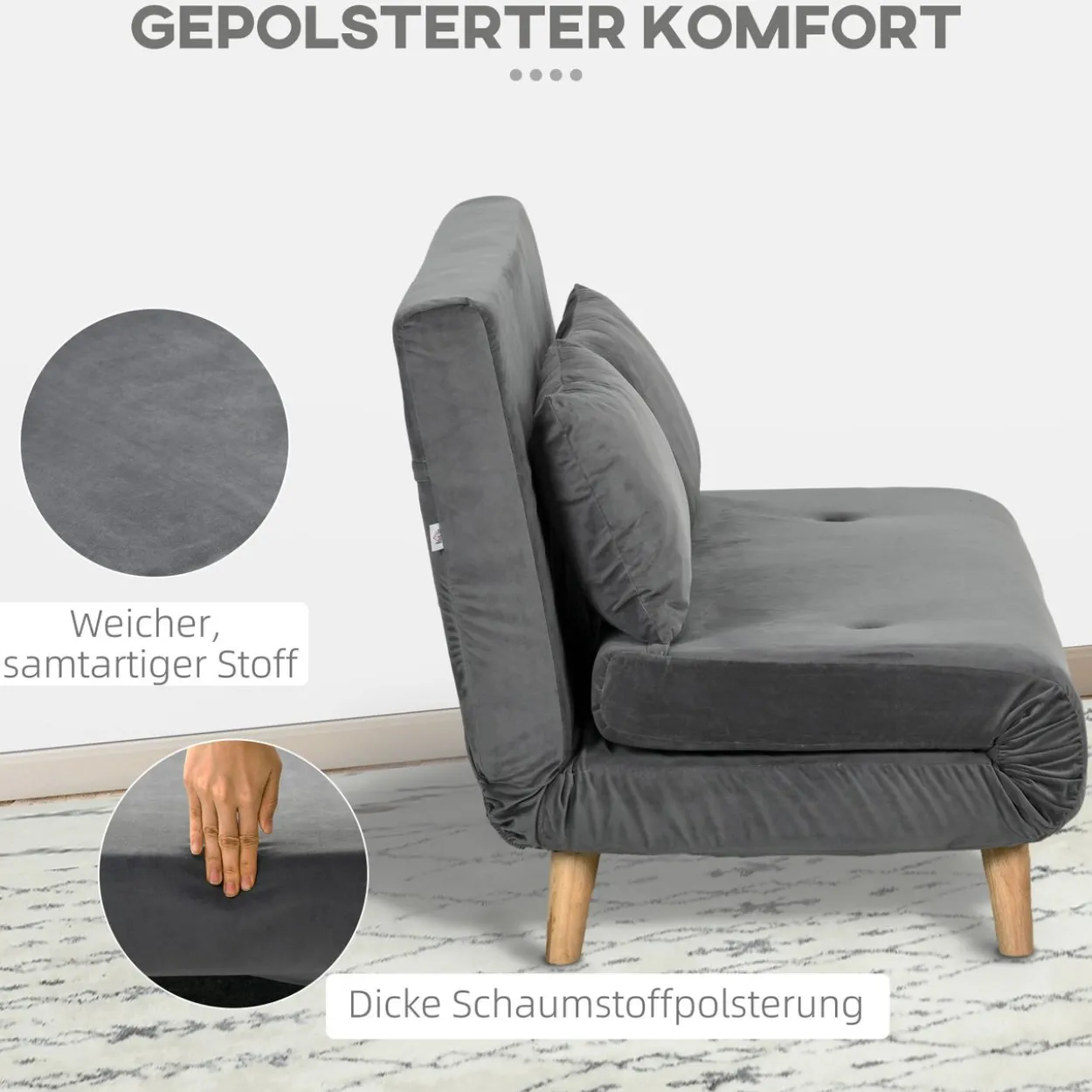 Schlafsofa 2-Sitzer Sofa mit Bettfunktion, Klappsofa mit Kissen, Grau