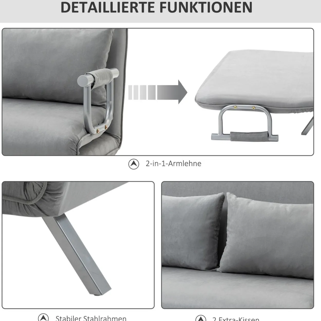 Schlafsofa Zweisitzer mit Bettfunktion, Einzelbett mit Kissen, Samt