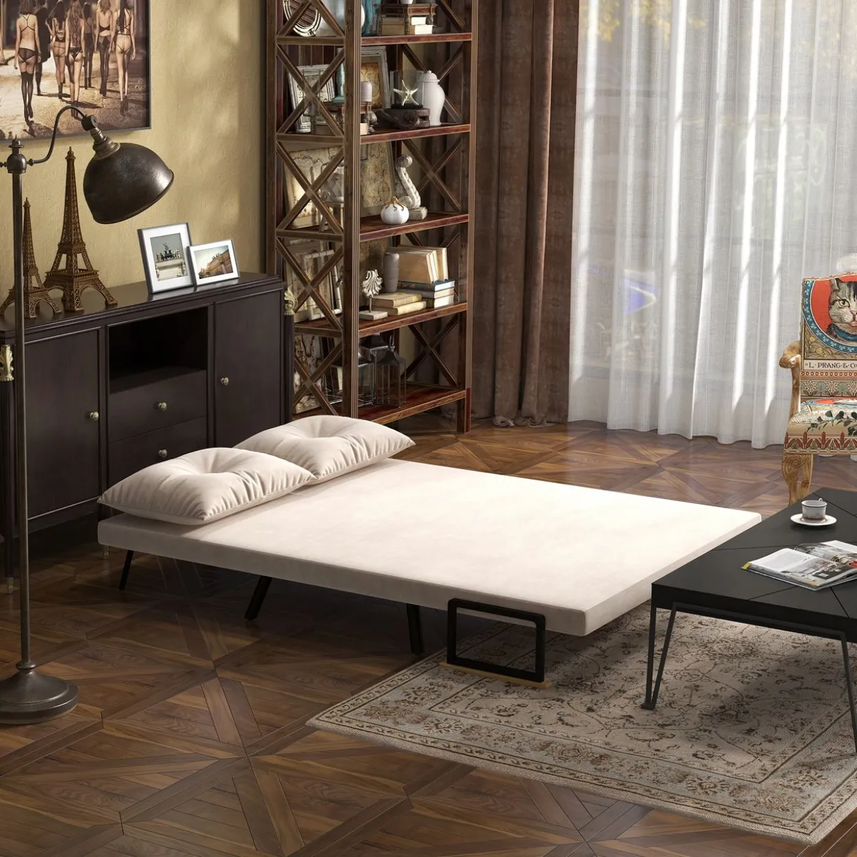 Schlafsofa, Zweisitzer mit Bettfunktion, Schlafcouch mit Samtoptik Beige
