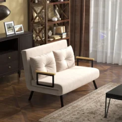 Schlafsofa, Zweisitzer mit Bettfunktion, Schlafcouch mit Samtoptik Beige
