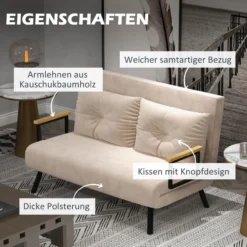 Schlafsofa, Zweisitzer mit Bettfunktion, Schlafcouch mit Samtoptik Beige