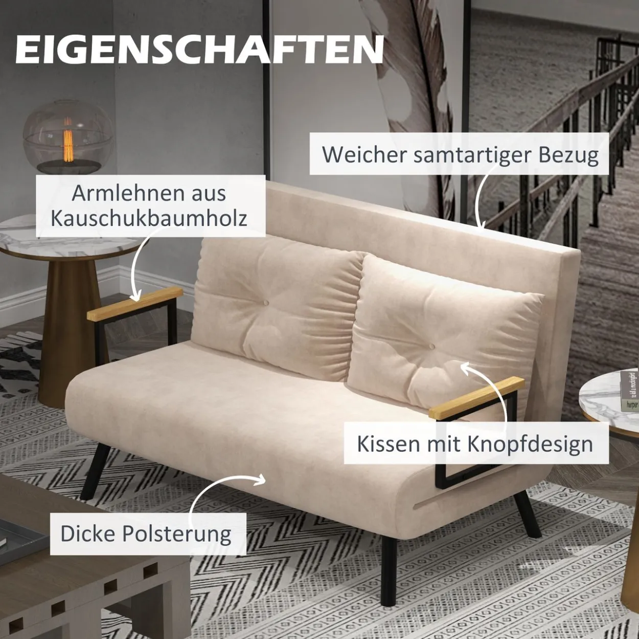 Schlafsofa, Zweisitzer mit Bettfunktion, Schlafcouch mit Samtoptik Beige