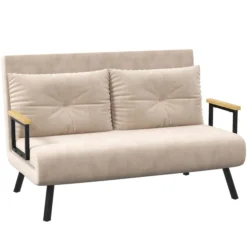 Schlafsofa, Zweisitzer mit Bettfunktion, Schlafcouch mit Samtoptik Beige
