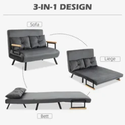 Schlafsofa, Zweisitzer mit Bettfunktion, Schlafcouch mit Samtoptik Grau