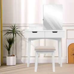 Schminktisch mit Spiegel, 3 Schubladen und Hocker HDT08-WEI weiß