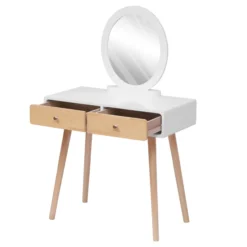 Schminktisch mit Spiegel, 2 Schubladen und Hocker - weiß