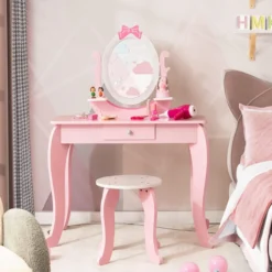 Schminktisch-Set für Kinder, 2-in-1 Kinder Schreibtisch aus Holz mit Hocker