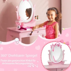 Schminktisch-Set für Kinder, 2-in-1 Kinder Schreibtisch aus Holz mit Hocker