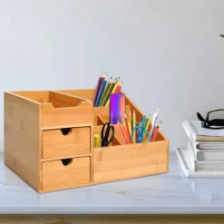 Schreibtischorganizer Aufbewahrungsbox Büro Box 2 Schubladen Natur L33 x B20,5 x H15,5 cm