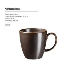 Serie Powerful, Kaffeebecher Set für 6 Personen, Porzellan, Braun