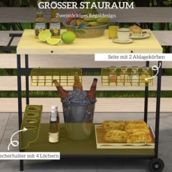 Servierwagen Barbecue Trolley Gartenrollwagen mit 2 Ebenen Natur