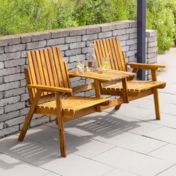 2-Sitzer Gartenbank mit Tischablage aus Akazienholz, ca. 153 x 65 x 82 cm - Braun