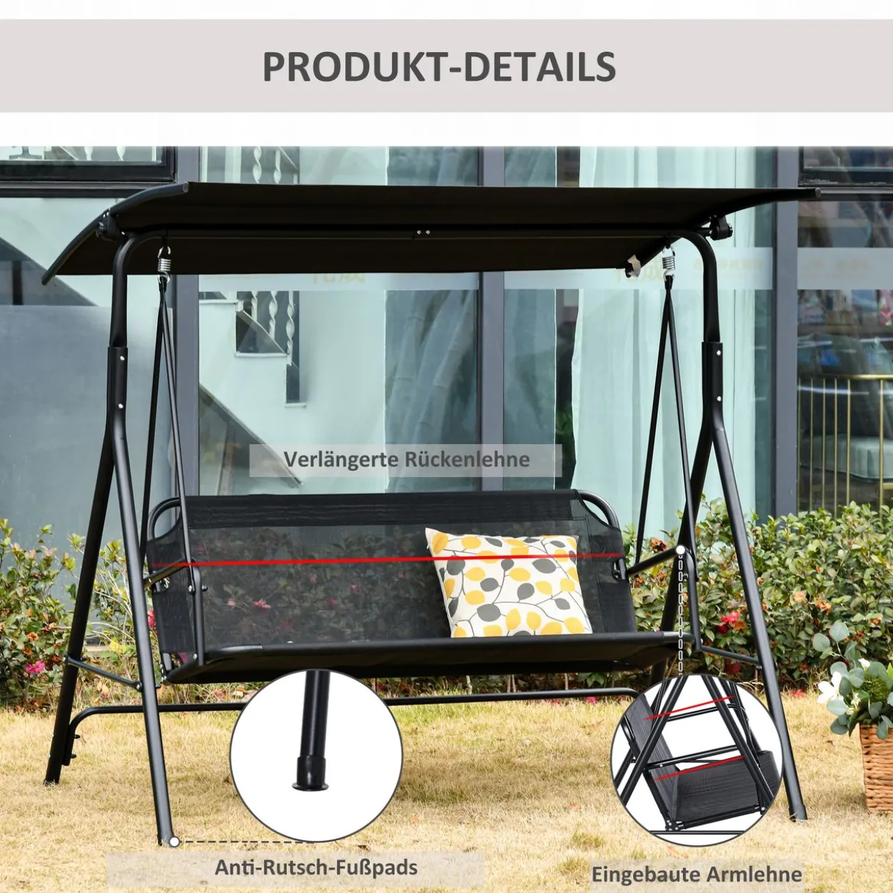3-Sitzer Hollywoodschaukel Schaukelstuhl Outdoor Gartenliege Schwarz