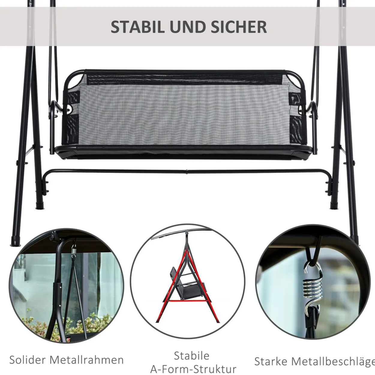 3-Sitzer Hollywoodschaukel Schaukelstuhl Outdoor Gartenliege Schwarz