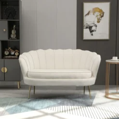 2 Sitzer Sofa Couch, gepolsterter Polstersofa mit Armlehne Samtopik Creme