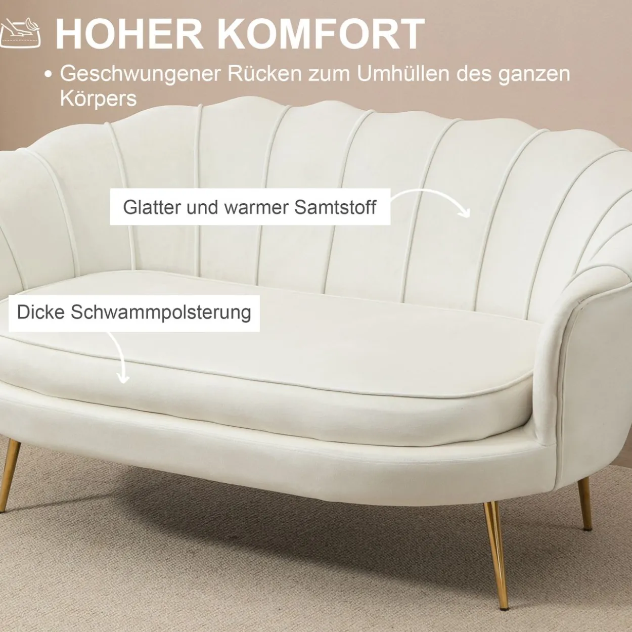 2 Sitzer Sofa Couch, gepolsterter Polstersofa mit Armlehne Samtopik Creme