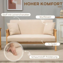 2 Sitzer Sofa, Couch mit 2 Lendenkissen Leinenoptik für klein Räume Beige