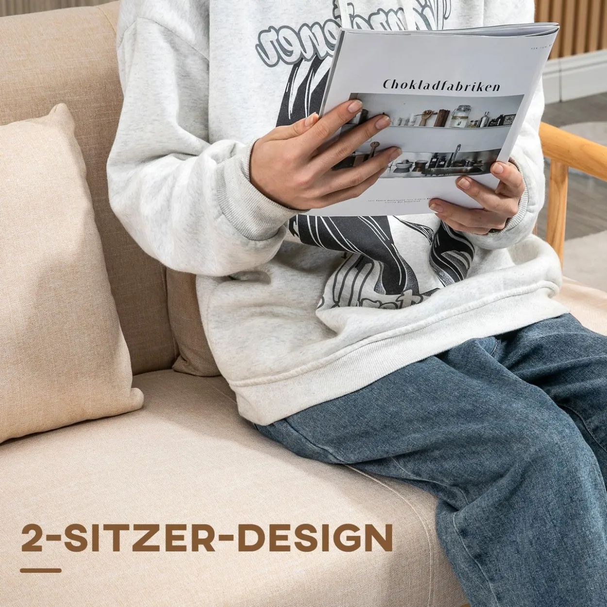 2 Sitzer Sofa, Couch mit 2 Lendenkissen Leinenoptik für klein Räume Beige