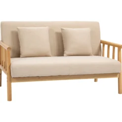 2 Sitzer Sofa, Couch mit 2 Lendenkissen Leinenoptik für klein Räume Beige