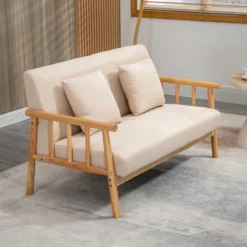 2 Sitzer Sofa, Couch mit 2 Lendenkissen Leinenoptik für klein Räume Beige