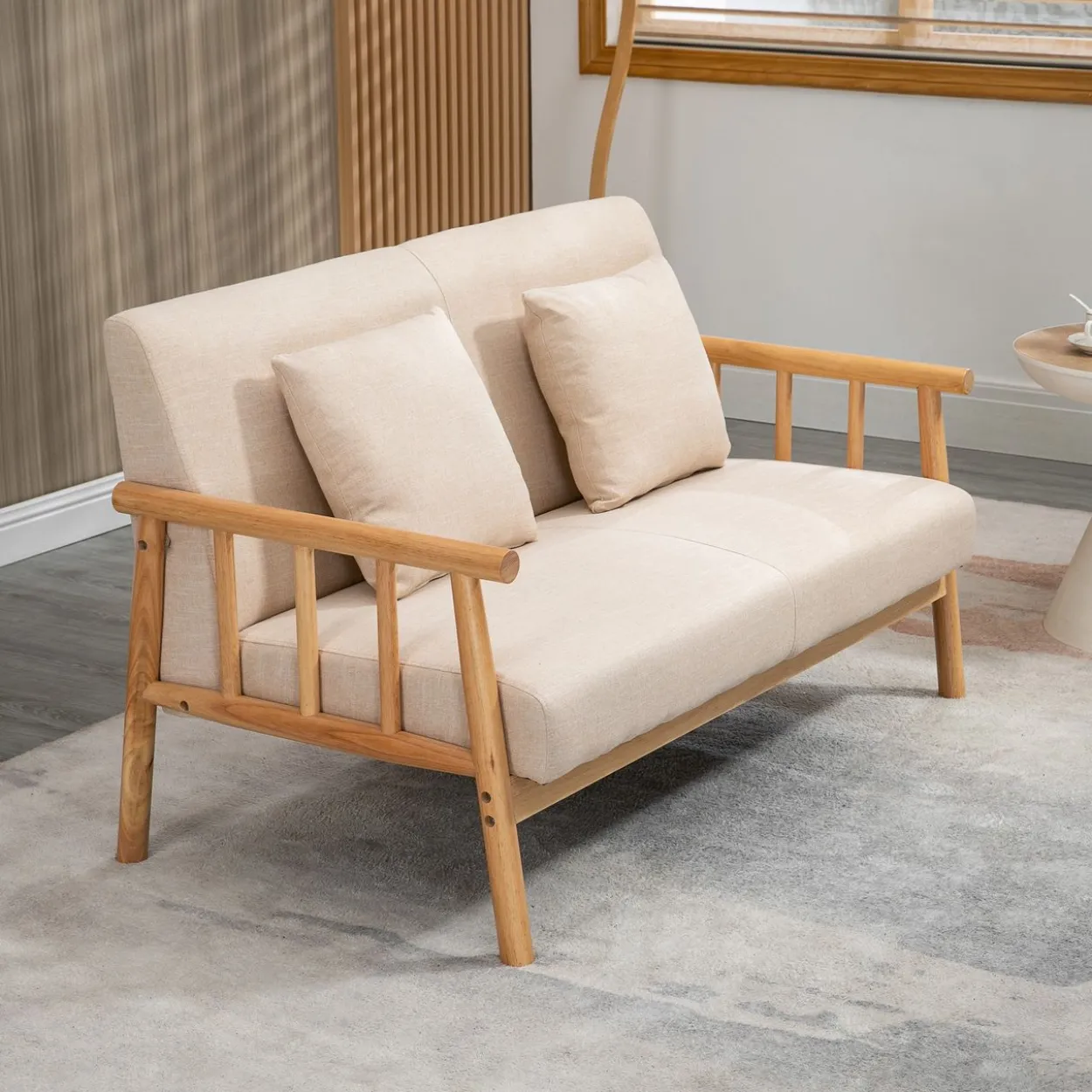 2 Sitzer Sofa, Couch mit 2 Lendenkissen Leinenoptik für klein Räume Beige