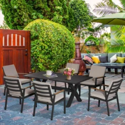 Sitzgruppe 7tlg. Balkonset mit Kissen 1 Tisch+6 Stühle Aluminium Kunststoffholz Schwarz