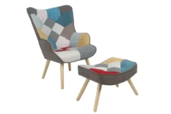 Skandinavischer Relaxsessel mit Hocker Stoffbezug Patchwork - ca. 96 x 76 x 69 cm - Mehrfarbig