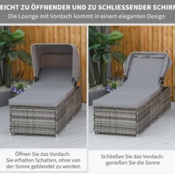 Sonnenliege mit Sonnendach und Kissen, ca. 195 x 65 x 40 cm - Grau